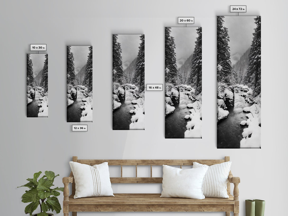 Winter Forest, Snowy River, Pine Trees, Canvas Print, Cozy Cabin Wall Art, Nature Lover Gift, Scandinavian Style, Holiday Decor, Bedroom Decor