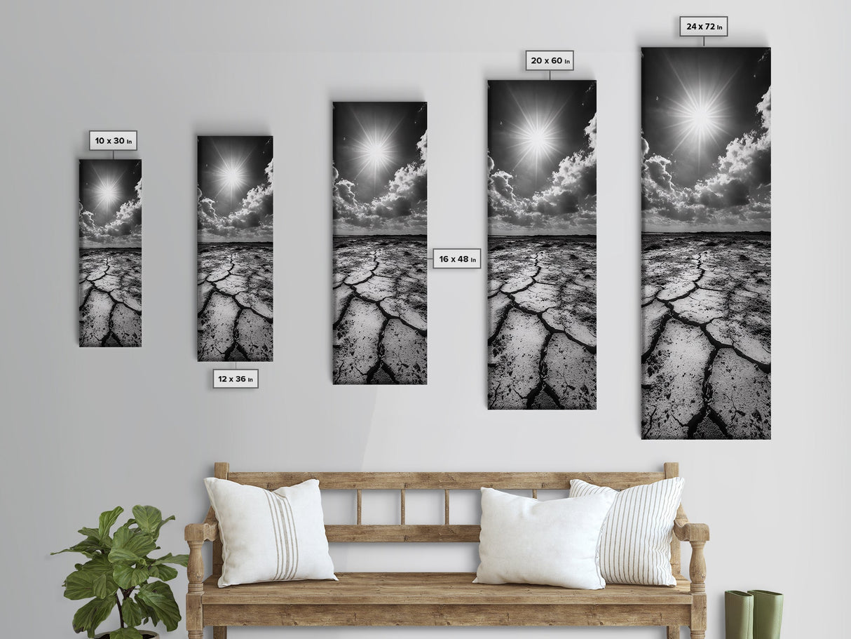 Cracked Earth, Sunburst Sky, Natural Texture, Desert Landscape, Framed Canvas Print, Rustic Decor, Earth Tone Art, Office Wall Art