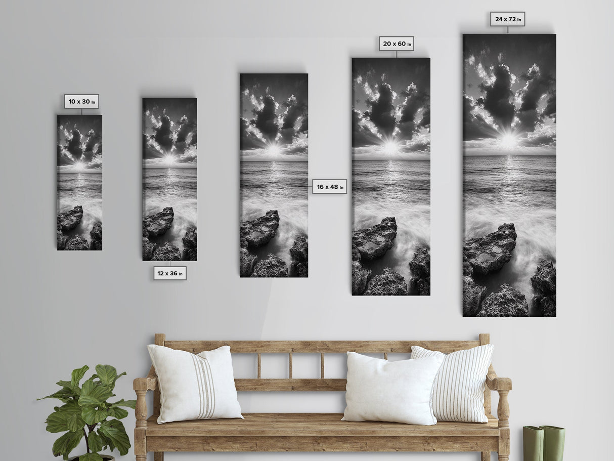 Rocky Sea, Glowing Horizon, Soft Waves, Twilight Sky, Canvas Print, Coastal Art, Living Room Wall Art, Seaside Modern Decor