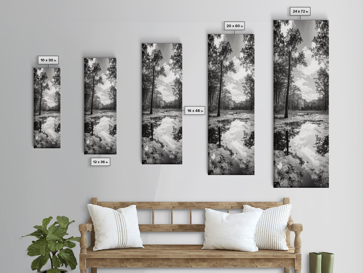 Reflective Forest, Nature Calm, Monochrome Trees, Peaceful Swamp, Framed Canvas Print, Rustic Cabin Decor, Moody Wall Art, Entryway Print