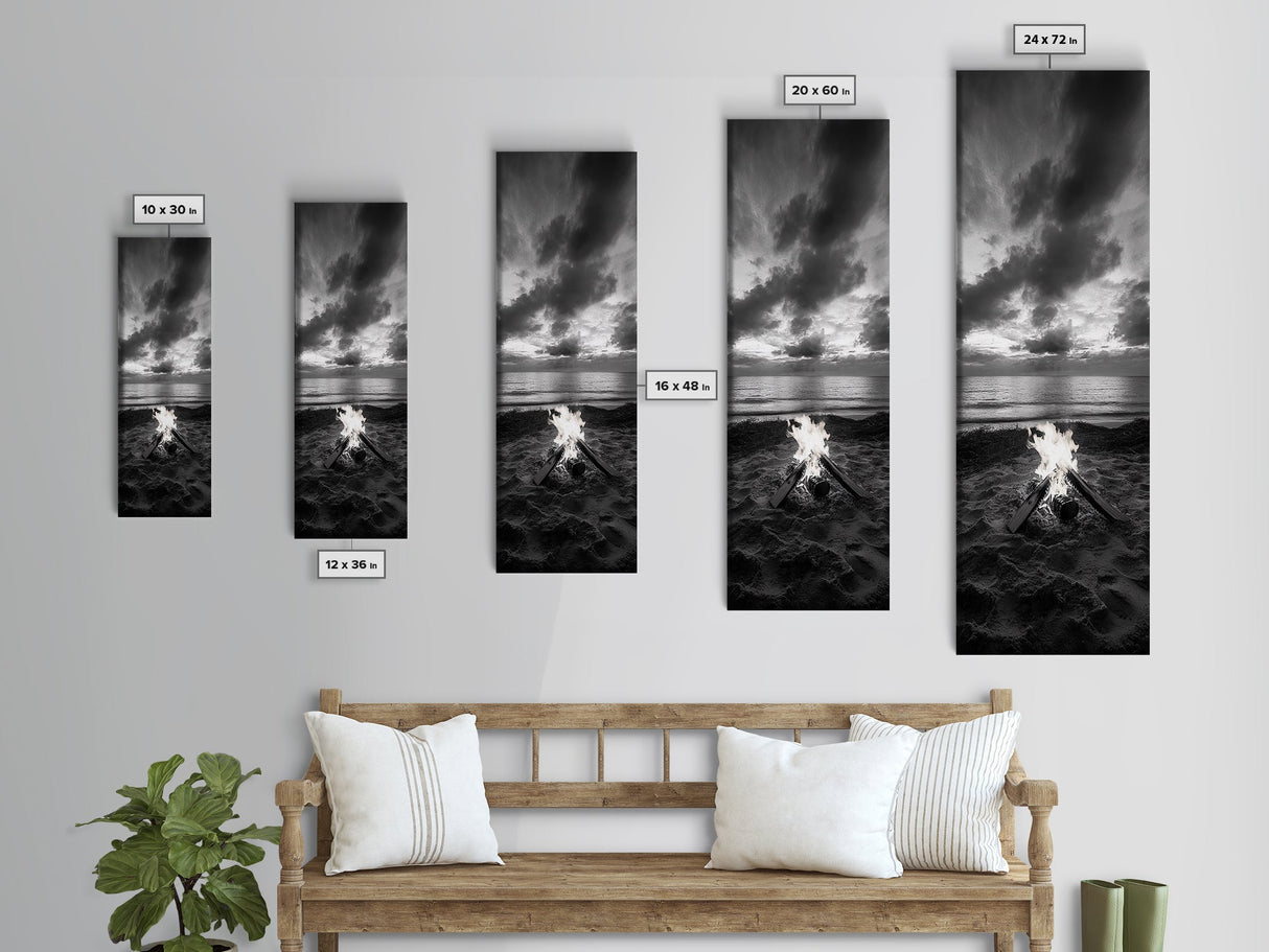 Campfire Glow Dusk, Beach Bonfire, Ocean Sunset Flame, Cozy Evening Mood, Framed Canvas Print, Fall Wall Art, Cabin Living Room Decor