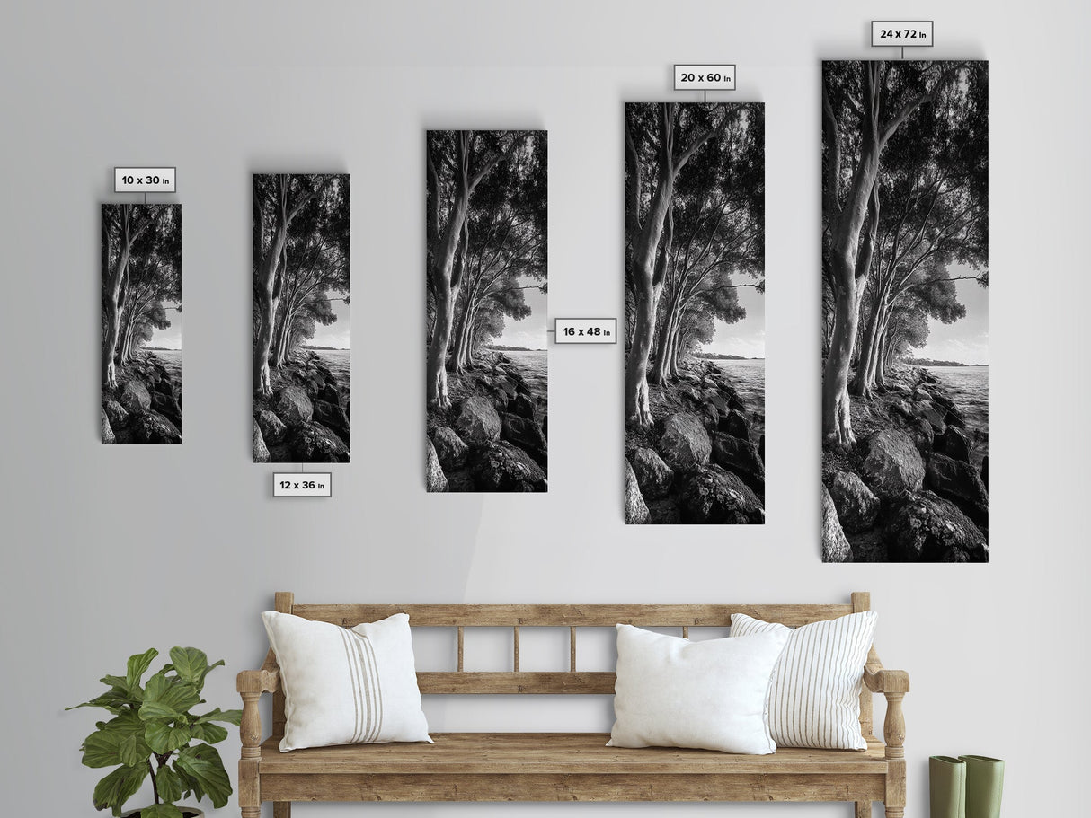 Riverside Trees, Rocky Shore, Natural Light, Canvas Print, Tranquil Forest Photography, Boho Nature Decor, Living Room Wall Art