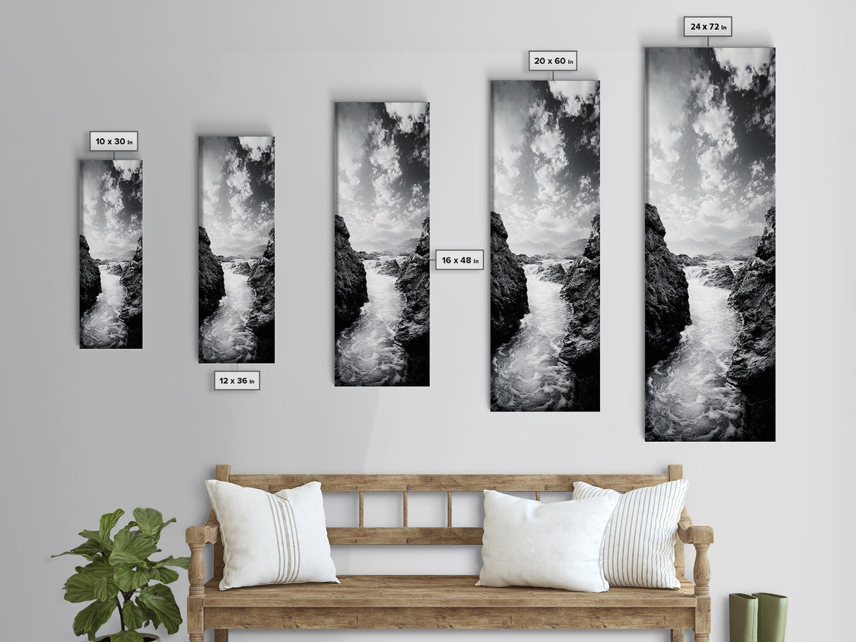 Waterfall Rocks, Mountain Mist, River Flow, Canvas Print, Black And White Landscape Art, Nature Bedroom Decor, Zen Retreat Wall Piece