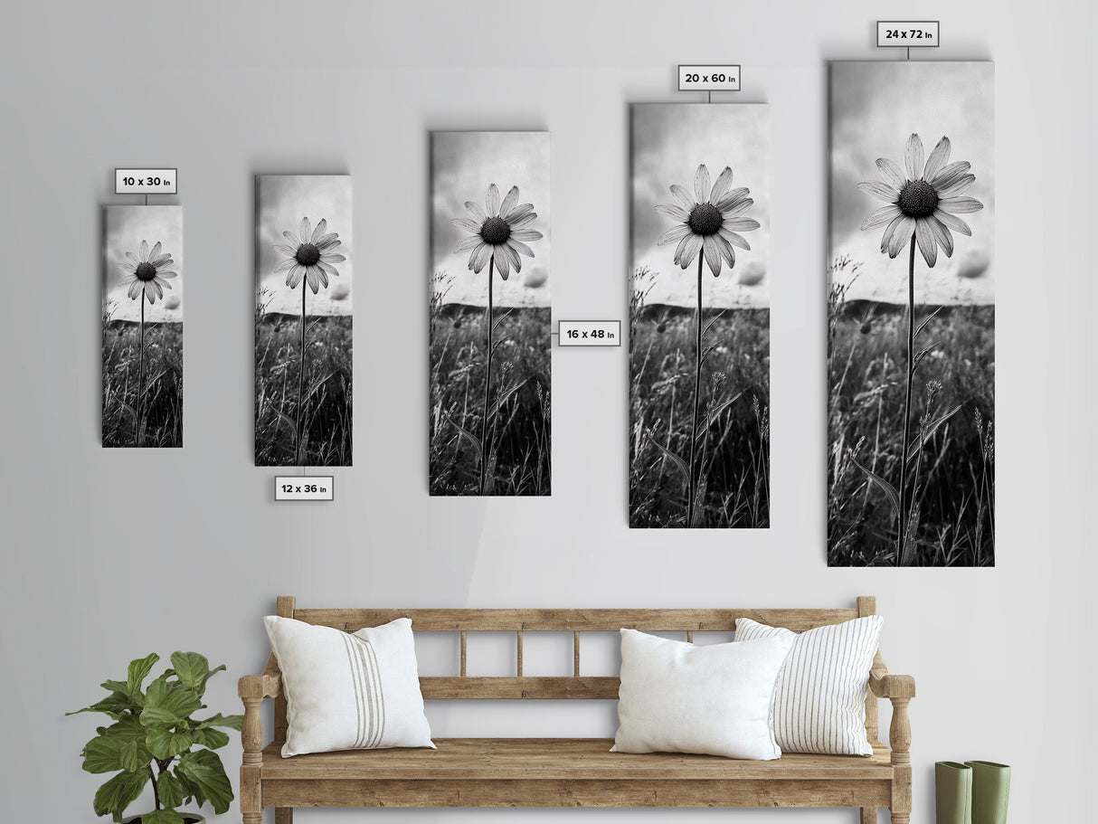 Single Daisy Bloom, Minimalist Botanical, Black White Flower, Framed Canvas Print, Nature Inspired Art, Bedroom Wall Decor, Modern Farmhouse