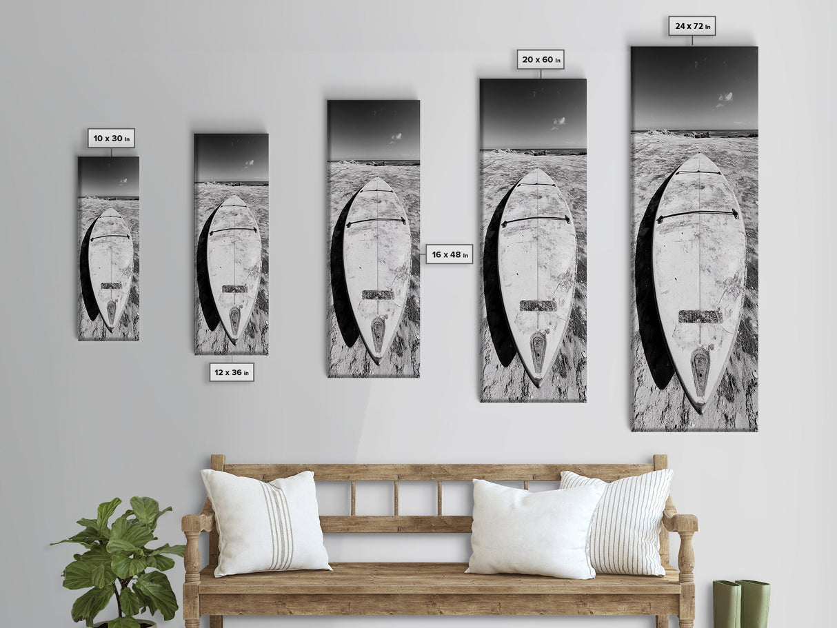 Surfboard On Shore, Beach Lifestyle Decor, Minimal Seascape, Framed Canvas Print, Nautical Bathroom Wall Art, Modern Coastal Vibe