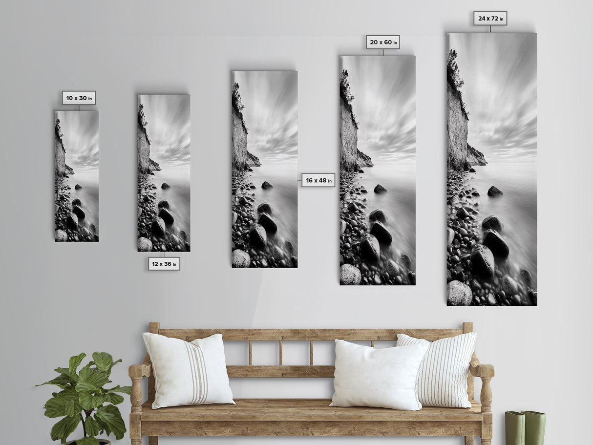 Rocky Shoreline, Coastal Calm, Seaside Mist, Canvas Print, Black White Minimalist Wall Art, Serene Bedroom or Bathroom Decor