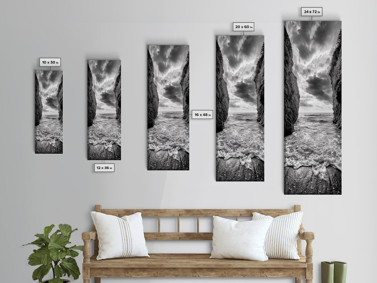 Ocean Gap, Cliffside Horizon, Black White Waves, Framed Canvas Print, Modern Coastal Wall Art, Nautical Living Room Decor, Nature Decor