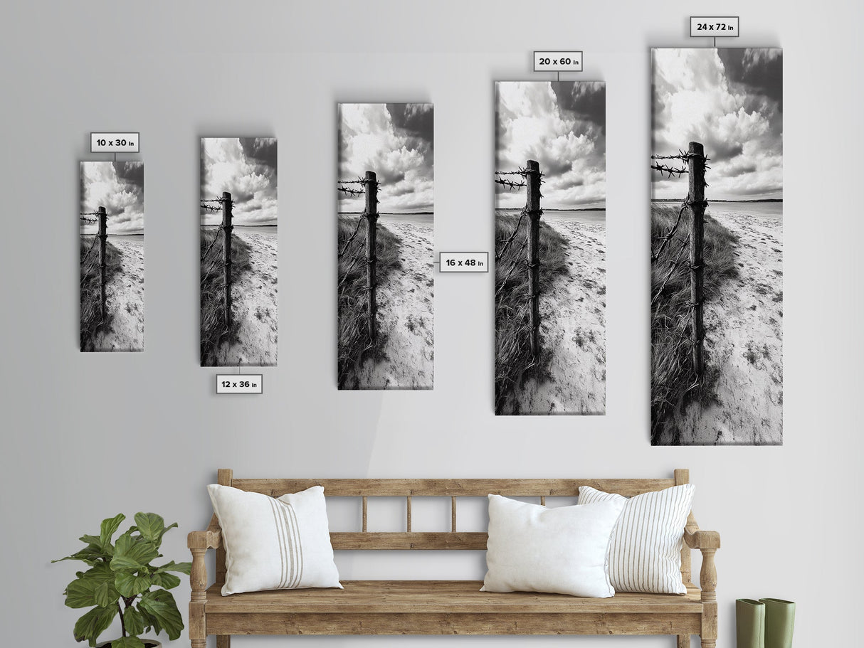 Barbed Fence, Sandy Dunes, Stormy Skies, Moody Coast, Natural Tension, Framed Canvas Print, Living Room Wall Art, Modern Western Decor