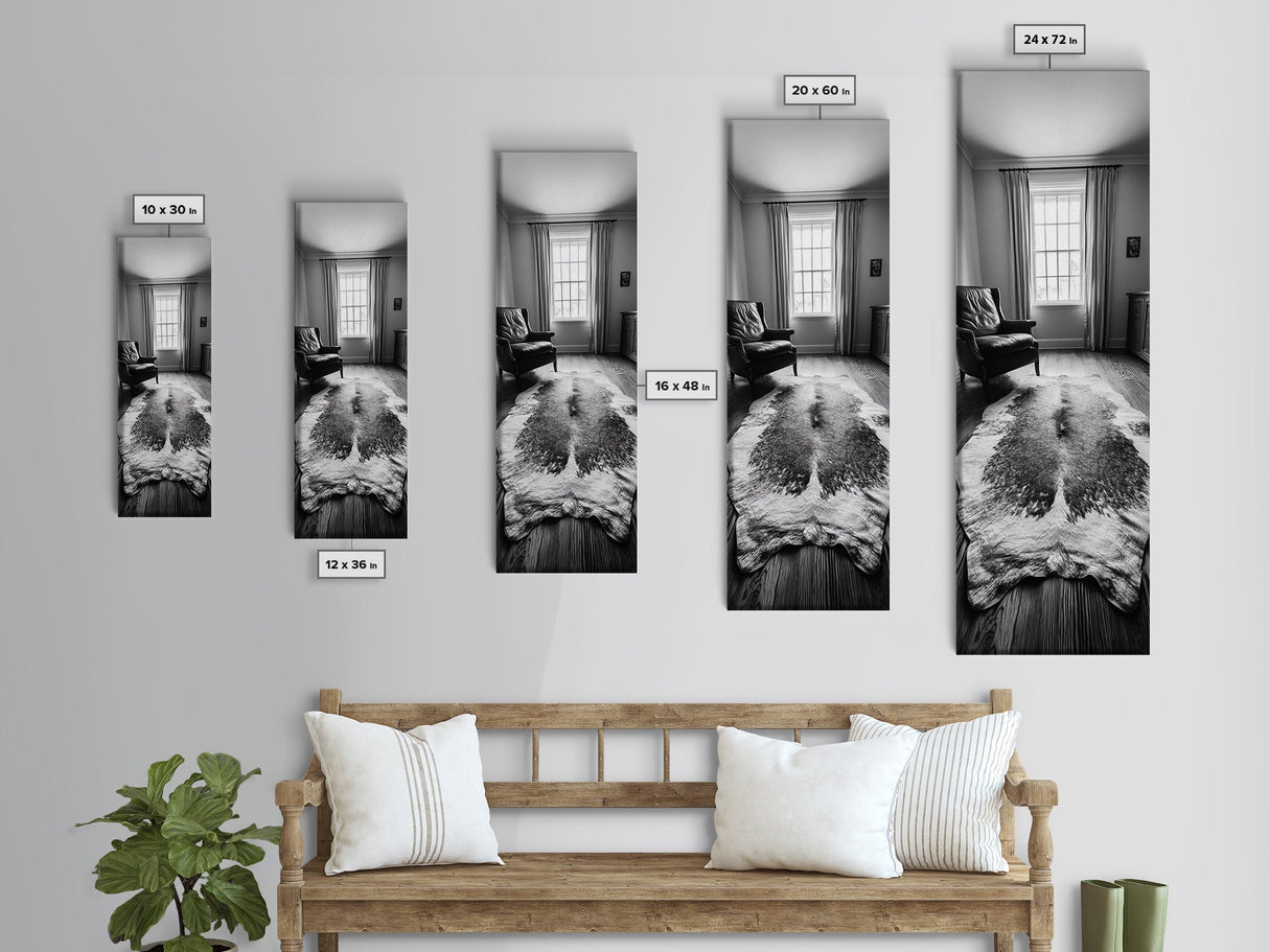 Leather Chair, Cozy Window, Cowhide Rug, Framed Canvas Print, Farmhouse Living Room Decor, Rustic Minimalist Art, Monochrome Interior