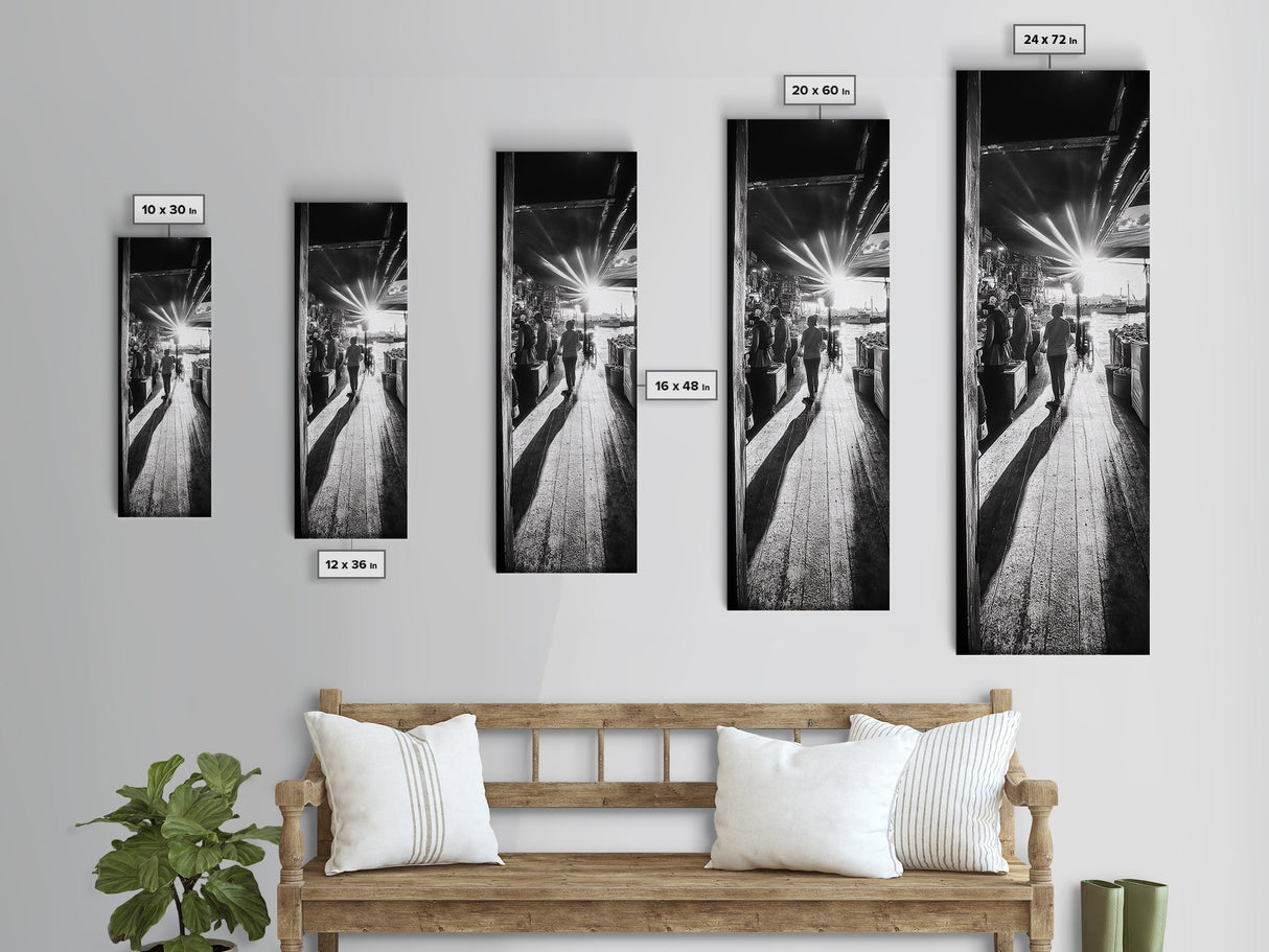 Dockside Market Light, Urban Waterfront Print, Golden Hour Street Scene, Canvas Print, Kitchen Wall Art, Moody City Photography