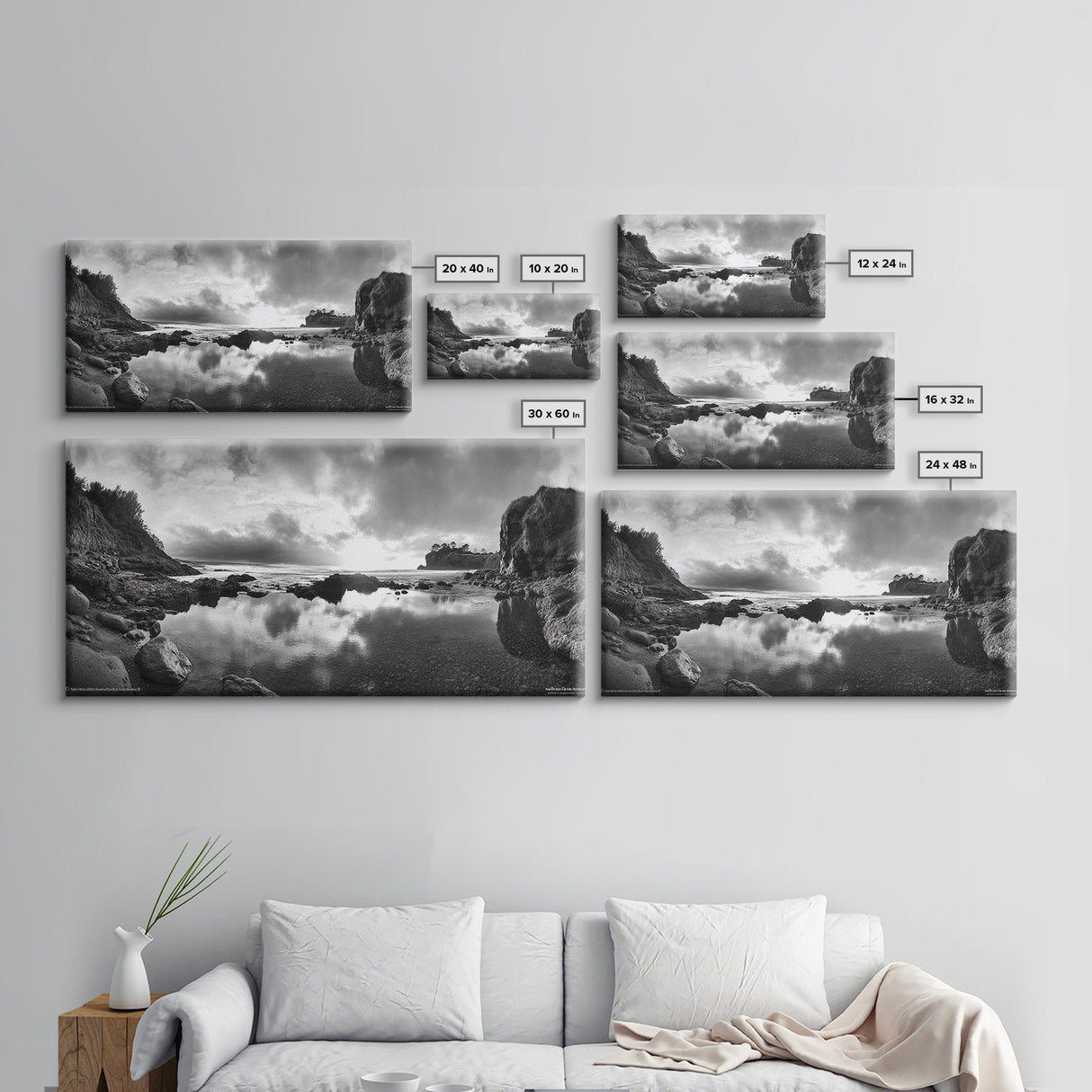 Coastal Reflection, Tide Pools, Dramatic Sky, Ocean Cliff Landscape, Framed Canvas Print, Bedroom Nature Photography Art