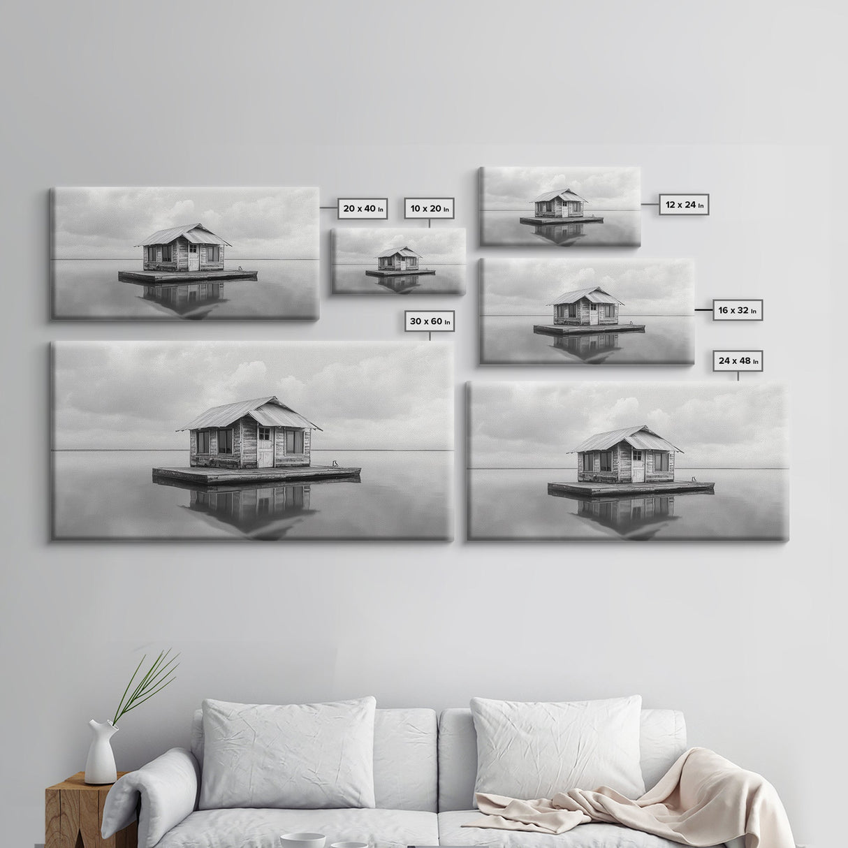 Floating Cabin, Lake House, Calm Waters, Dreamy Isolation Art, Canvas Print, Minimalist Living Room Wall Art, Coastal Style