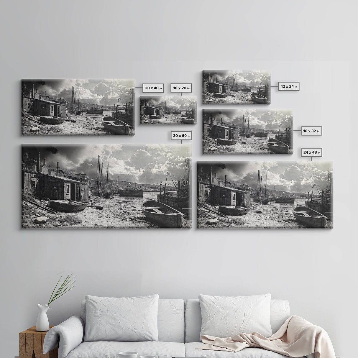 Old Fishing Harbor, Weathered Boats, Coastal Village Scene, Canvas Print, Nautical Kitchen Wall Art, Maritime Black and White Decor