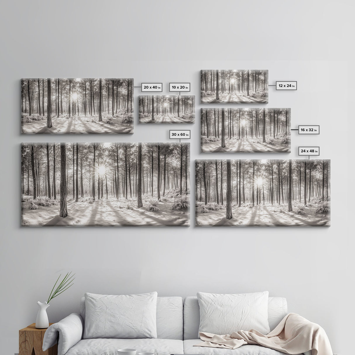 Winter Pine Forest, Sunlight Snow Trees, Nature Landscape Photography, Framed Canvas Print, Cabin Decor, Minimalist Wall Art