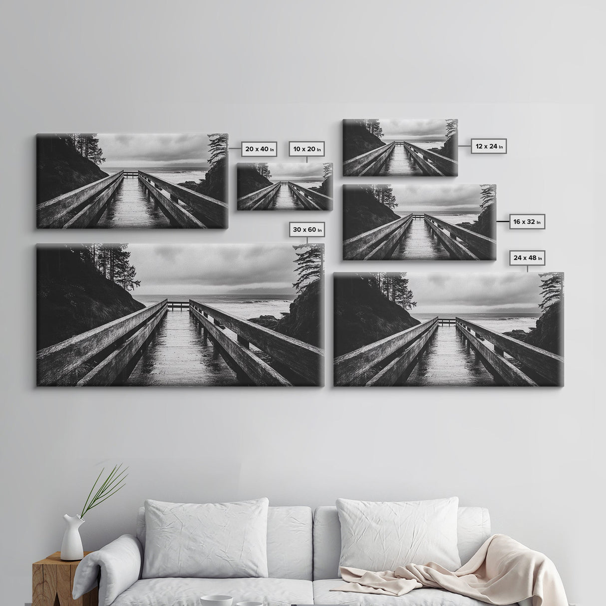 Rainy Dock View, Ocean Storm Mood, Moody Coastal Photo, Canvas Print, Living Room Wall Art, Black and White Nautical Decor, Rustic Coastal