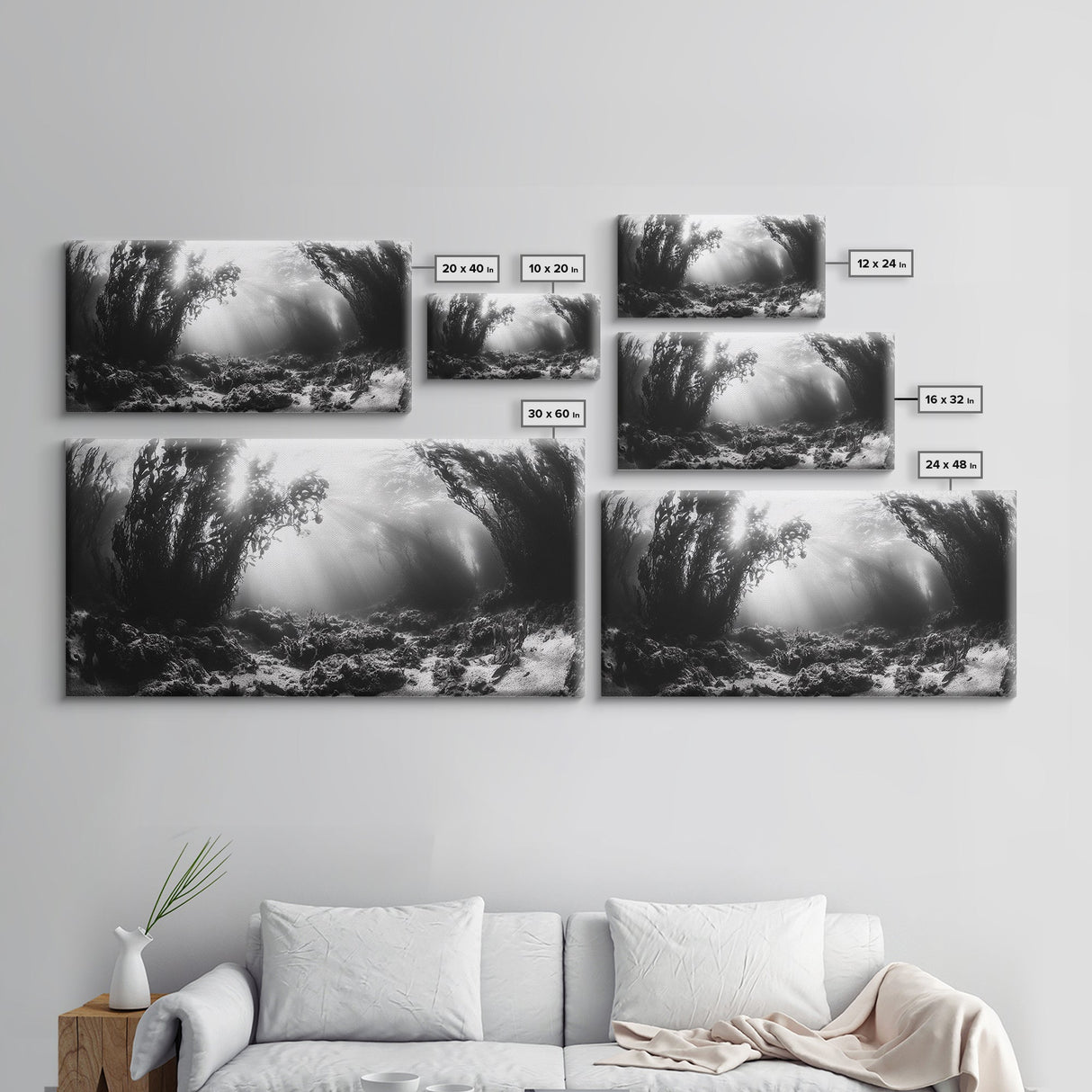 Kelp Forest Rays, Underwater Light, Black and White Ocean Scene, Framed Canvas Print, Nature Wall Art, Coastal Bathroom Decor