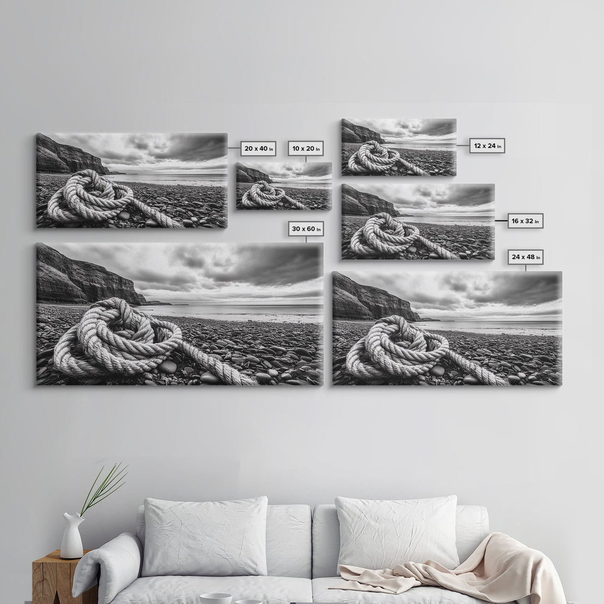 Coastal Rope, Pebble Shore, Nautical Texture, Rugged Seascape, Canvas Print, Bathroom Wall Art, Beach House Style, Moody Ocean Decor