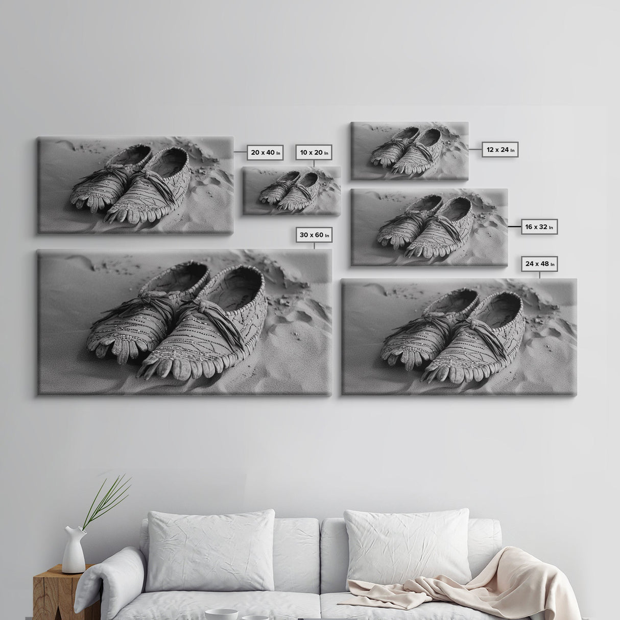 Moccasins in Sand, Rustic Footwear Art, Cultural Detail Photo, Framed Canvas Print, Boho Entryway Wall Decor, Western Minimalist