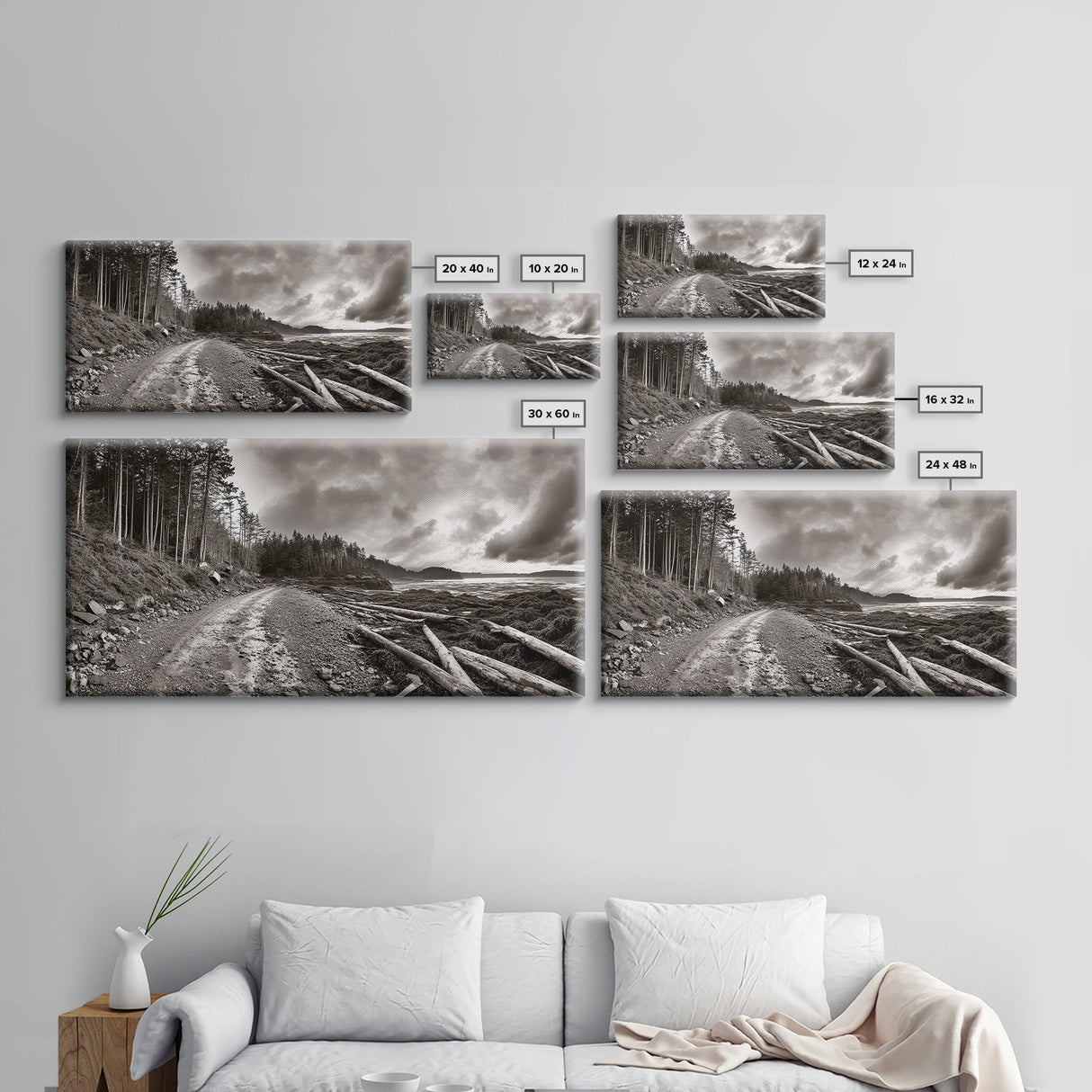 Forest Ocean Trail, Stormy Beach Scene, Driftwood Pathway, Framed Canvas Print, Cabin Entryway or Nature-Inspired Living Room Art