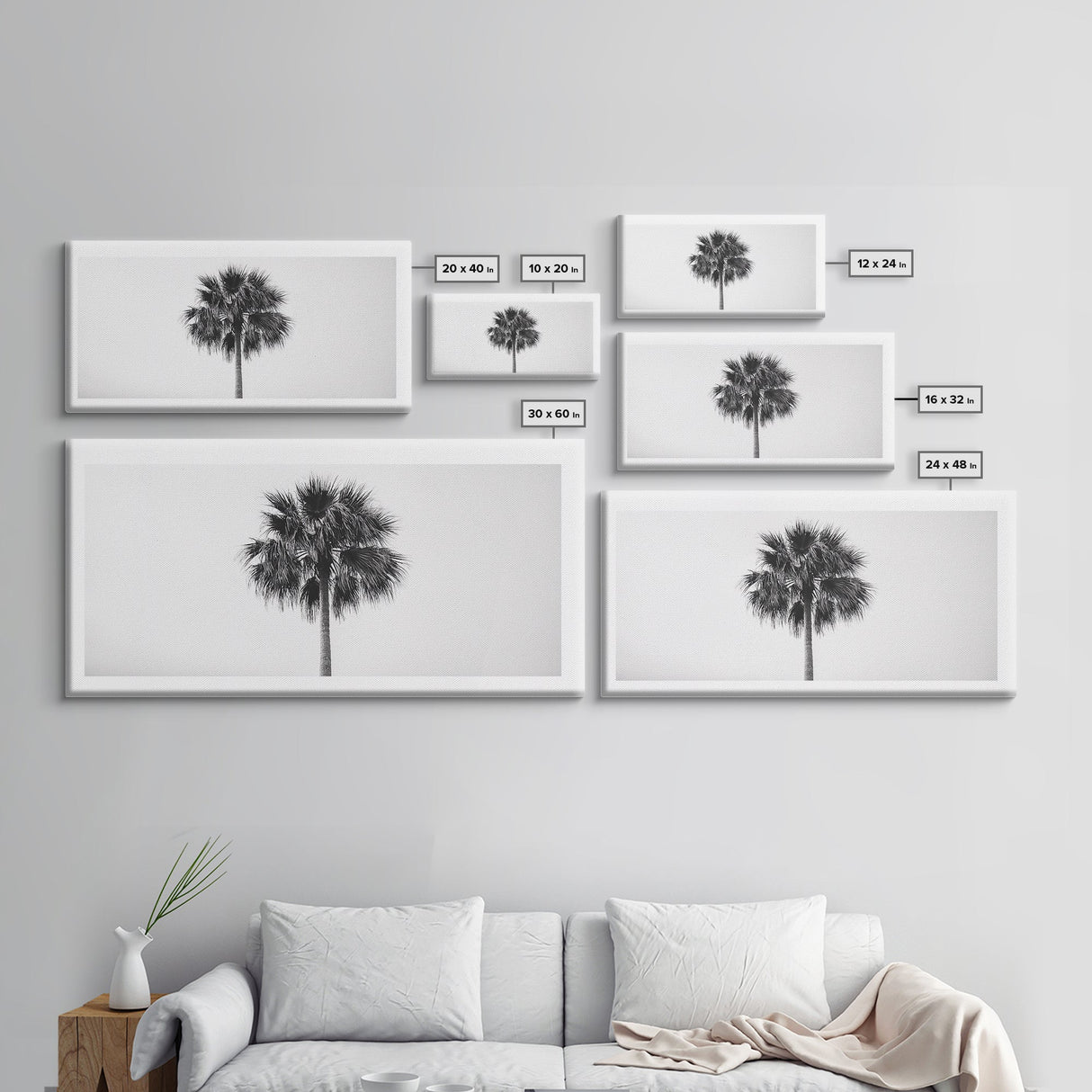 Minimal Palm Tree, Tropical Simplicity, Black and White Art, Framed Canvas Print, Modern Entryway or Minimalist Bathroom Wall Art