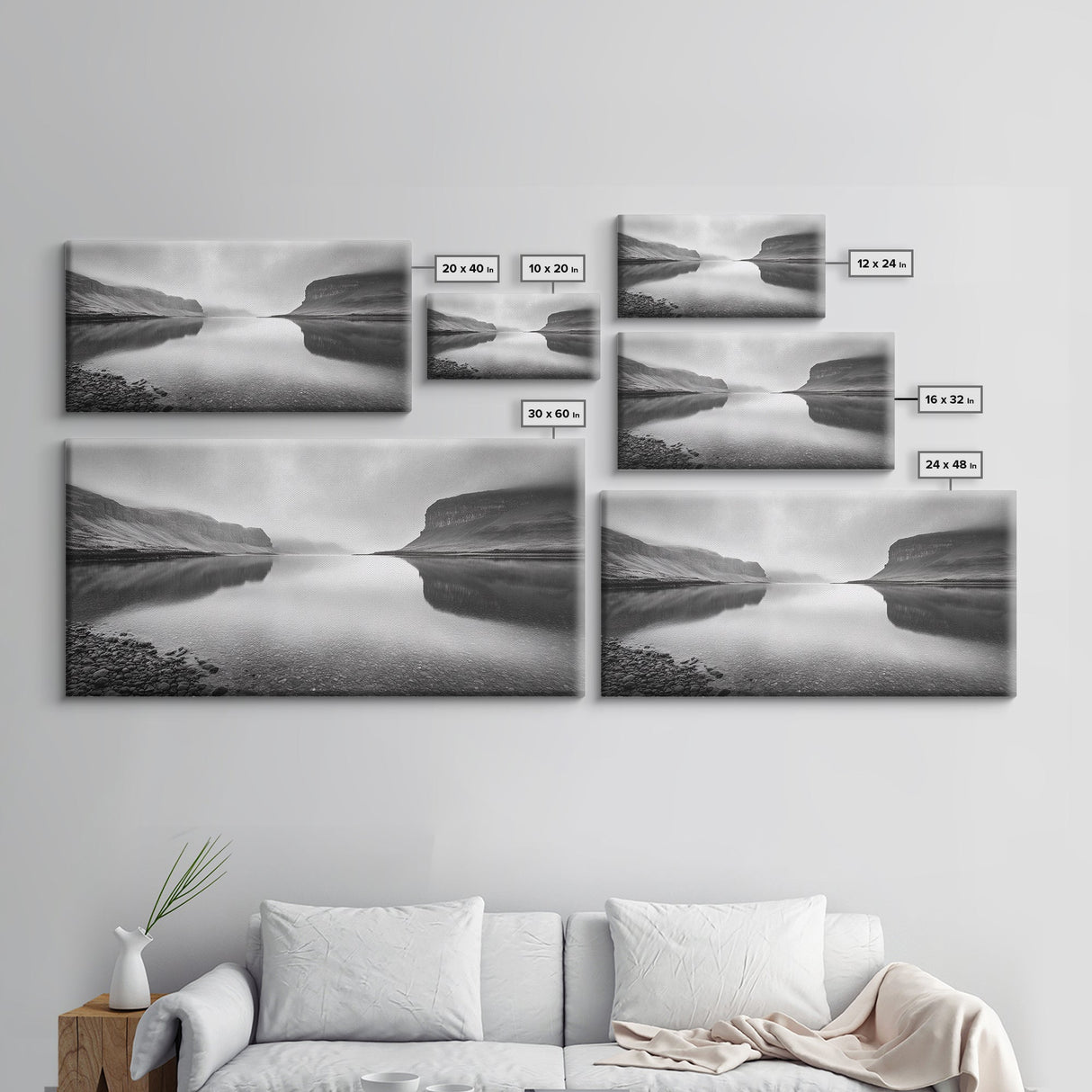 Misty Fjord Reflection, Calm Water Scene, Nordic Landscape, Peaceful Wall Decor, Canvas Print, Office Wall Art, Minimalist Mountains