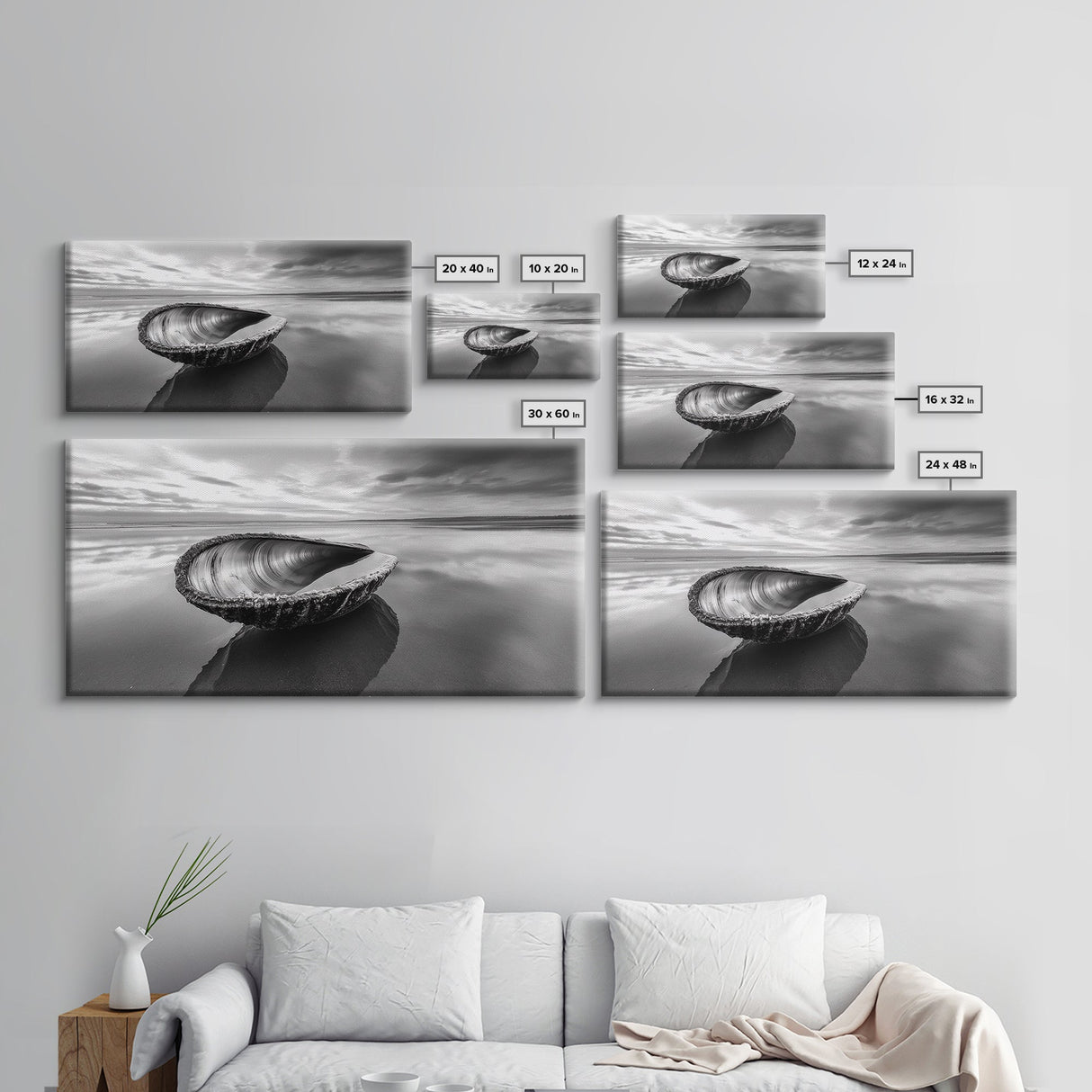 Seashell Shore Still, Ocean Reflection Calm, Beach Shell Close-Up, Framed Canvas Print, Coastal Minimalism, Bathroom Wall Art