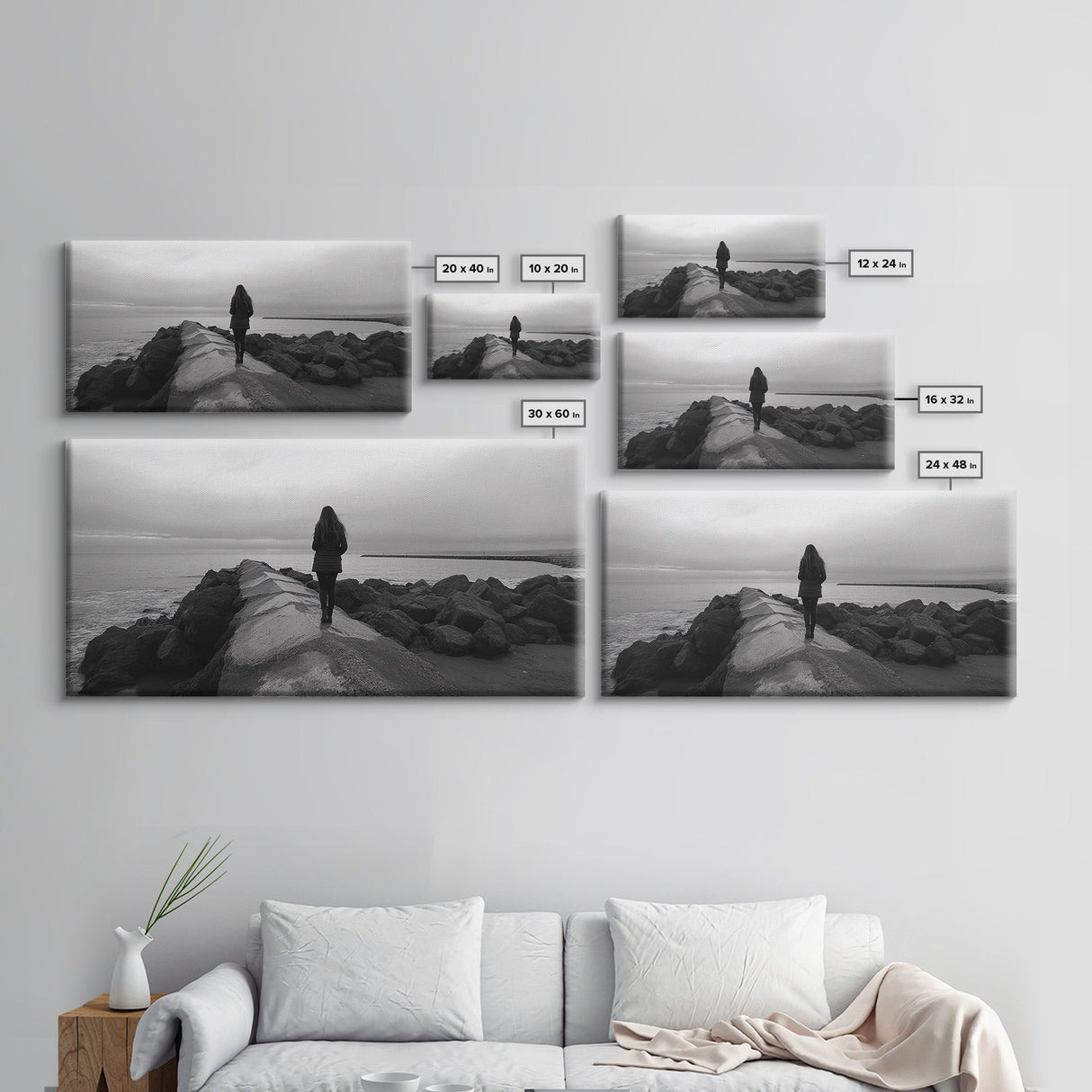 Woman Walking, Jetty View, Seaside Mood, Solitude Moment, Framed Canvas Print, Moody Wall Art, Bedroom Meditation Decor, Boho Decor