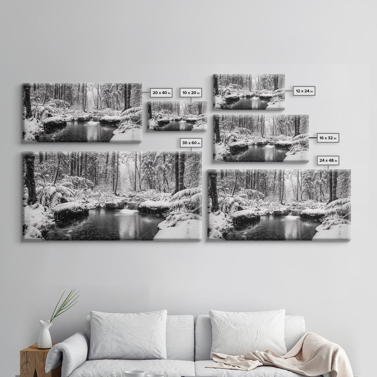 Winter Forest Creek, Snow Covered Trees, Black and White Tranquil Art, Canvas Print, Holiday Wall Art, Nature Lover Gift, Cozy Vibe