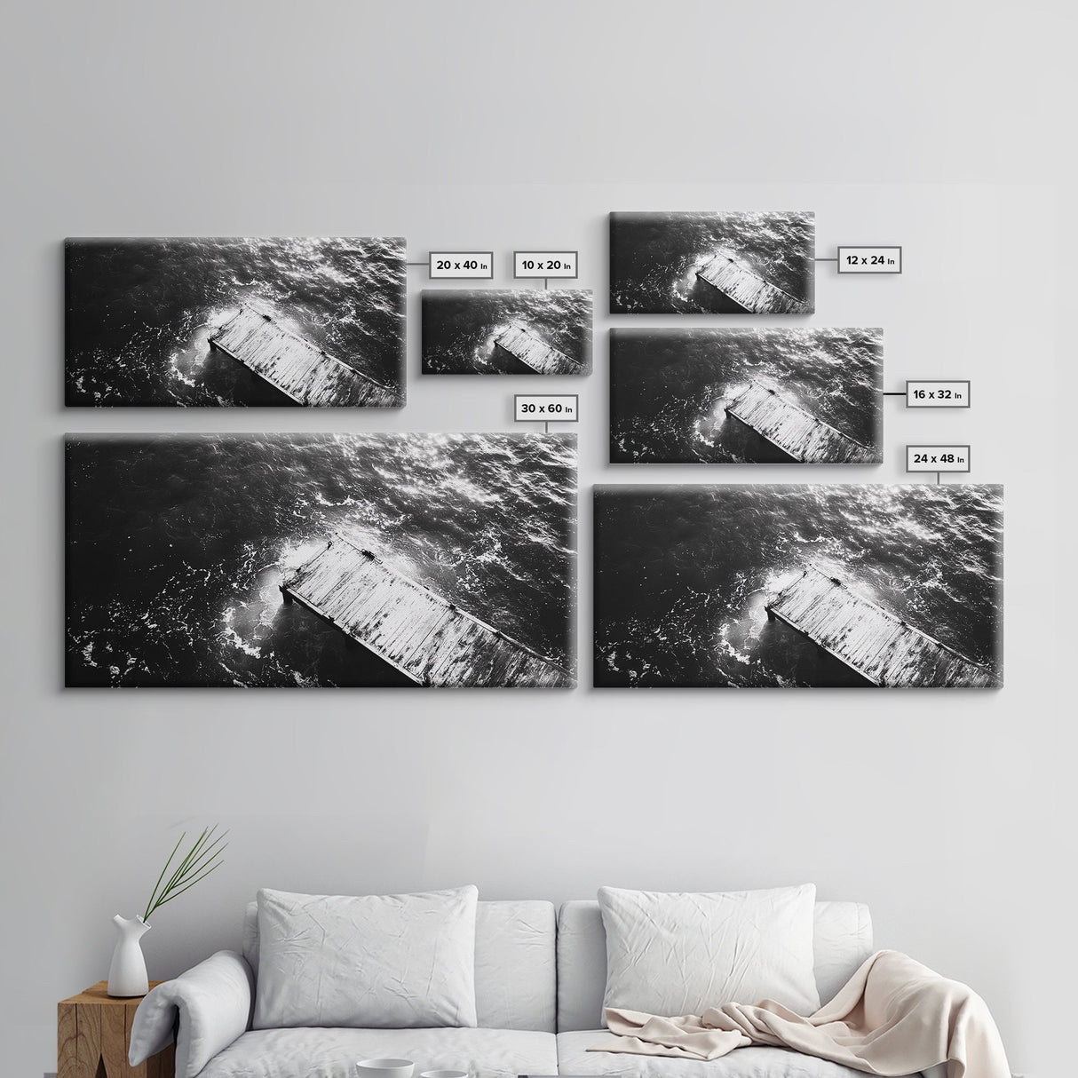 Weathered Dock, Water Reflections, Ocean Edge, Moody Texture, Framed Canvas Print, masculine office decor, minimalist lakehouse art