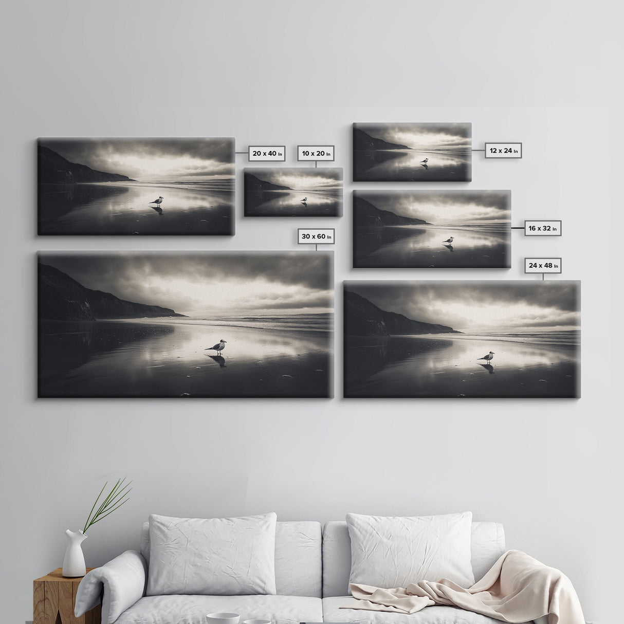 Seagull, Stormy Beach, Reflective Shore, Moody Sky, Framed Canvas Print, coastal bedroom decor, peaceful nature art, minimalist seascape