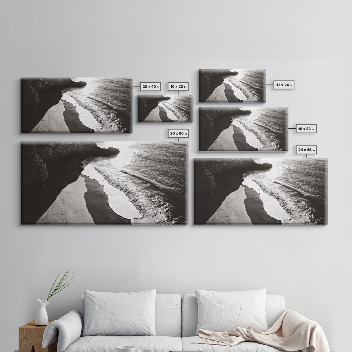 Shoreline Light, Coastal Waves, Cliff Shadow, Beach Edge, Framed Canvas Print, Ocean Minimalist Art, Bathroom Wall Decor