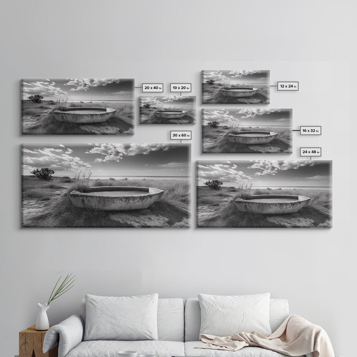 Concrete Trough, Coastal Horizon, Grassy Shoreline, Canvas Print, Rustic Farmhouse Bathroom Art, Minimalist Nature, Fall Beach Wall Decor