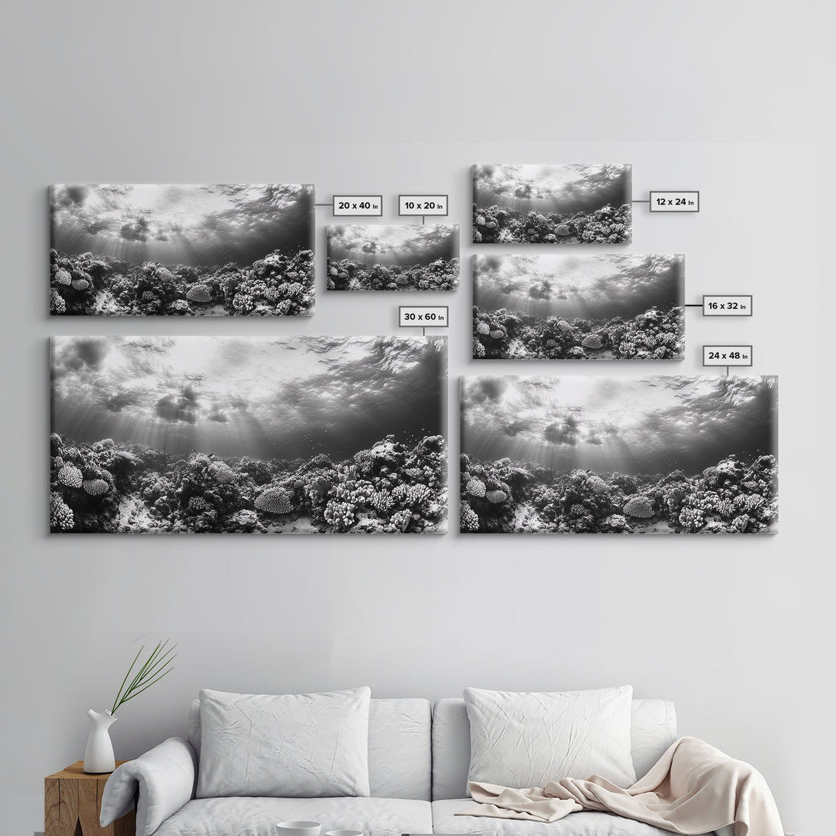 Coral Reef, Ocean Depths, Sunlight Rays, Marine Life, Canvas Print, Minimalist Nature Art, Bathroom Decor, Underwater Scene, Bedroom Wall Art