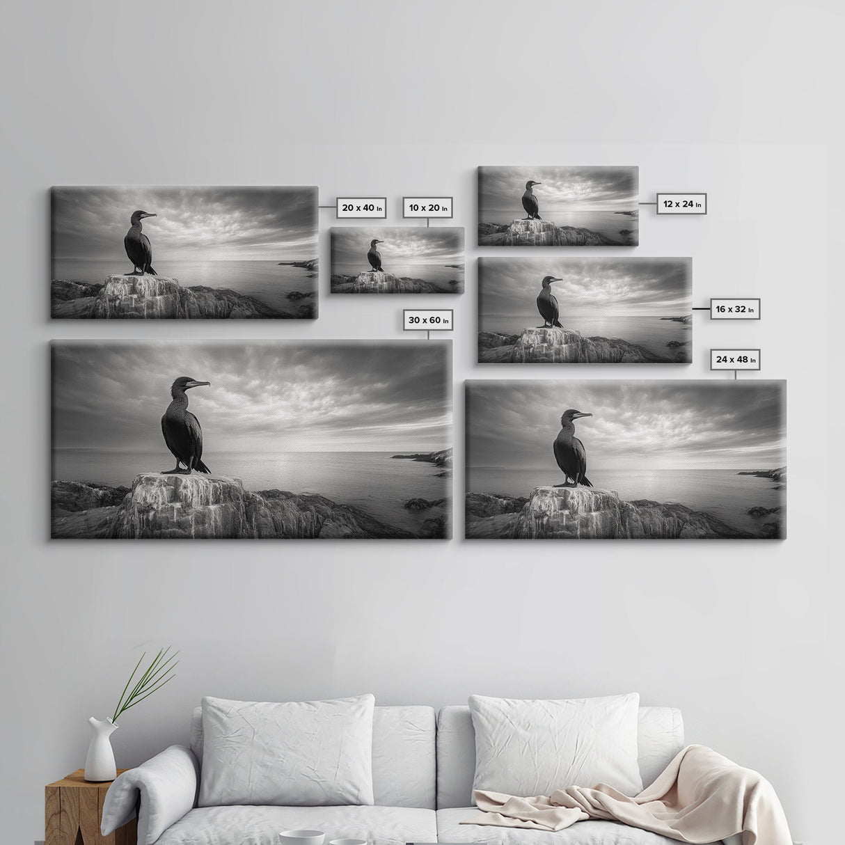 Sea Bird, Rocky Shore, Stormy Horizon, Coastal Watcher, Canvas Print, Nature Photography Art, Bedroom Decor, Ocean Wildlife