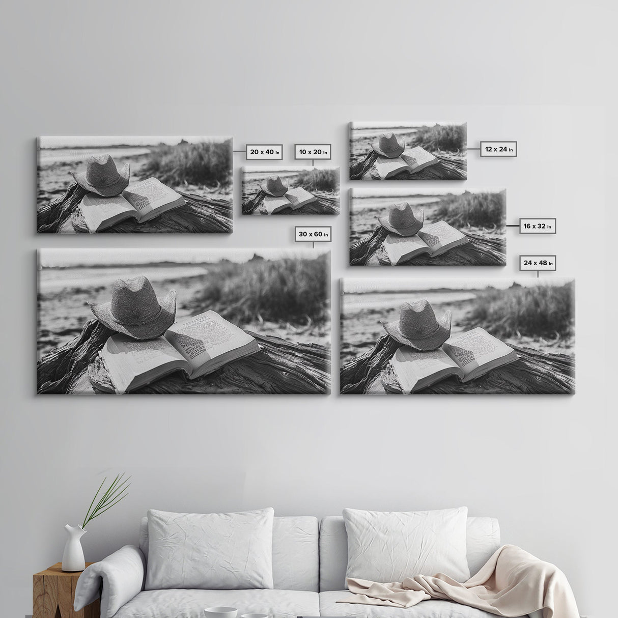 Open Book, Cowboy Hat, Driftwood Beach, Peaceful Shore, Canvas Print, Western Boho Art, Reading Nook Wall Decor, Fall Vibes, Office Wall Decor