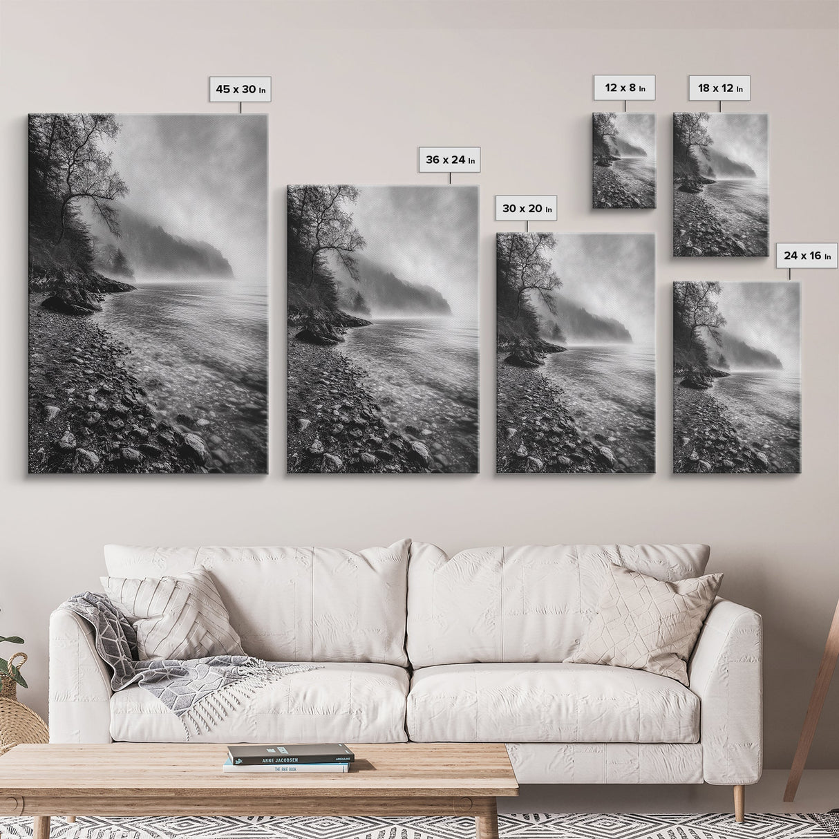 Foggy Coast, Moody Shore, Tranquil Pebbles, Forest Water, Framed Canvas Print, Bathroom Wall Art, Nature Photography Style, Calm Retreat Decor