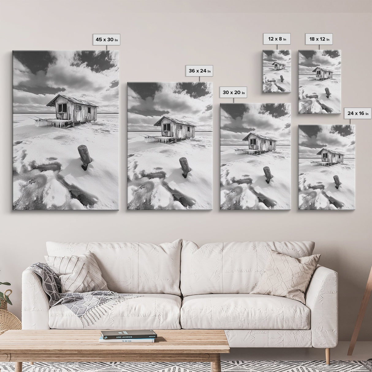 Frozen Cabin Scene, Snowy Landscape, Winter Monochrome, Canvas Print, Cabin Wall Art, Rustic Winter Decor, Nature Photography