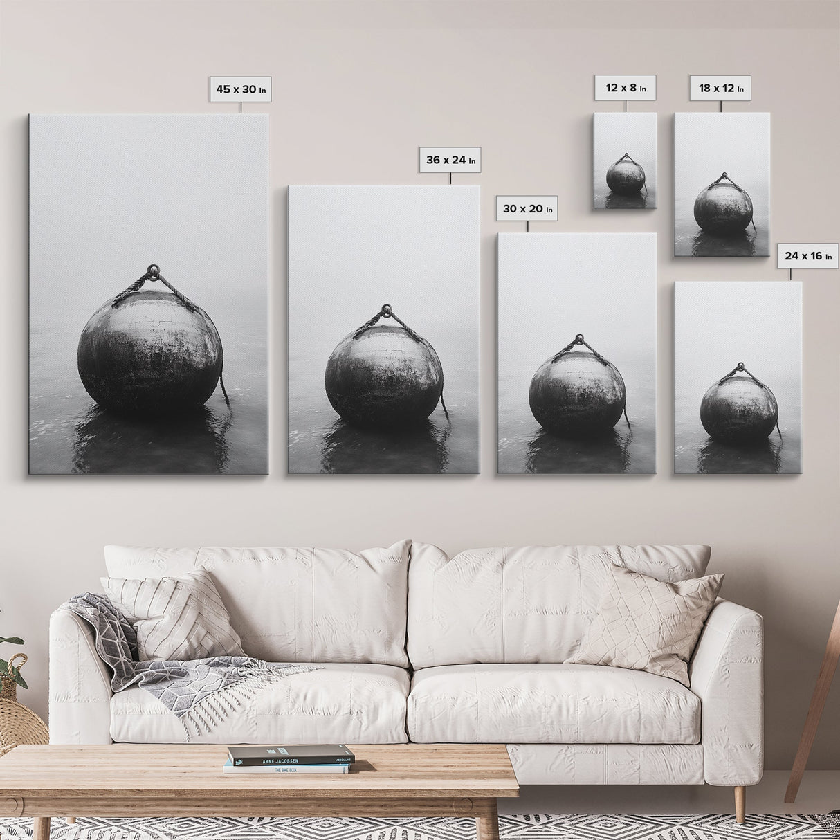 Buoy Stillness, Ocean Fog, Minimal Water, Framed Canvas Print, Nautical Wall Art, Bathroom Decor, Calm Coastal Black and White Art