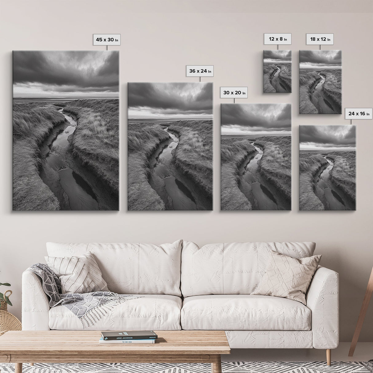 Winding Stream, Grassy Dunes, Ocean Horizon, Canvas Print, Kitchen Wall Art, Black and White Nature Scene, Coastal Rustic Decor