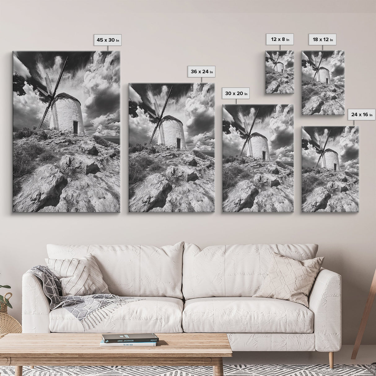 Windmill Hill, Dramatic Sky Art, European Landscape, Framed Canvas Print, Entryway Wall Art, Rustic Decor, Monochrome Photography