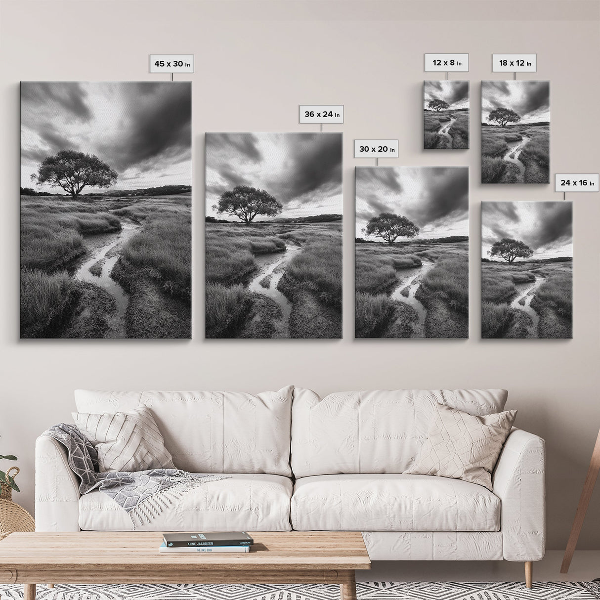 Solitary Tree, Storm Sky, Tranquil Meadow, Nature Landscape, Framed Canvas Print, Rustic Decor, Fall Wall Art, Bedroom Minimalist Art