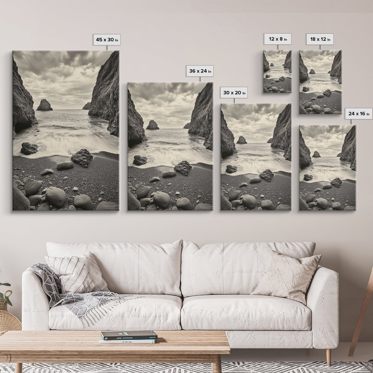 Secluded Cove, Rocky Shoreline, Ocean Retreat, Canvas Print, neutral beach art, living room decor, coastal nature photography