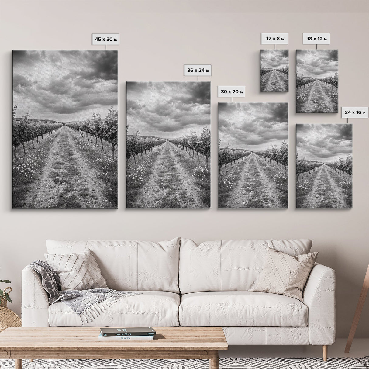 Vineyard Rows, Cloudy Skies, Countryside Path, Canvas Print, Farmhouse Wall Art, Kitchen or Dining Decor, Rustic Landscape Photo