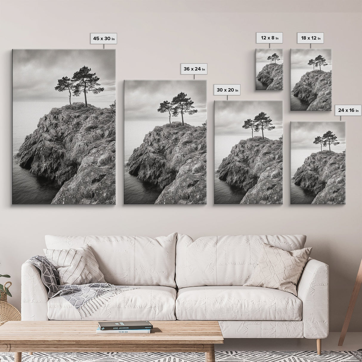 Rocky Coast, Lone Trees, Ocean View, Monochrome Calm, Framed Canvas Print, Bathroom Wall Art, Coastal Style, Minimalist Mountain Art