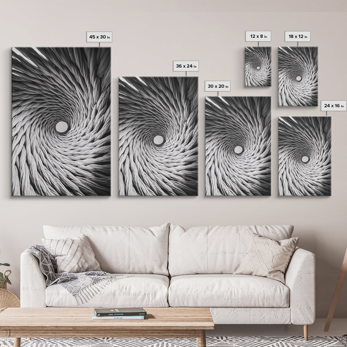 Twisted Rope Spiral, Abstract Fiber Art, Monochrome Texture, Modern Canvas Print, Minimalist Office or Contemporary Wall Decor