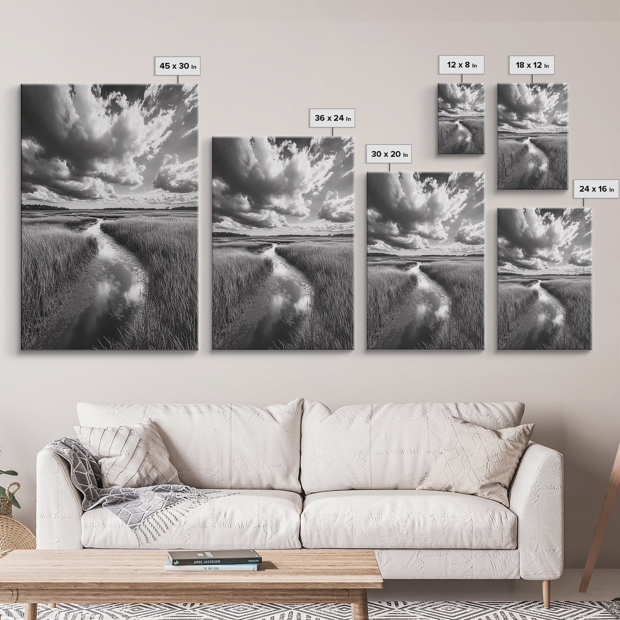 Marshland Stream, Dramatic Clouds, Nature Reflection, Canvas Print, Minimalist Landscape, Bathroom Art, Earthy Tones, Zen Mood