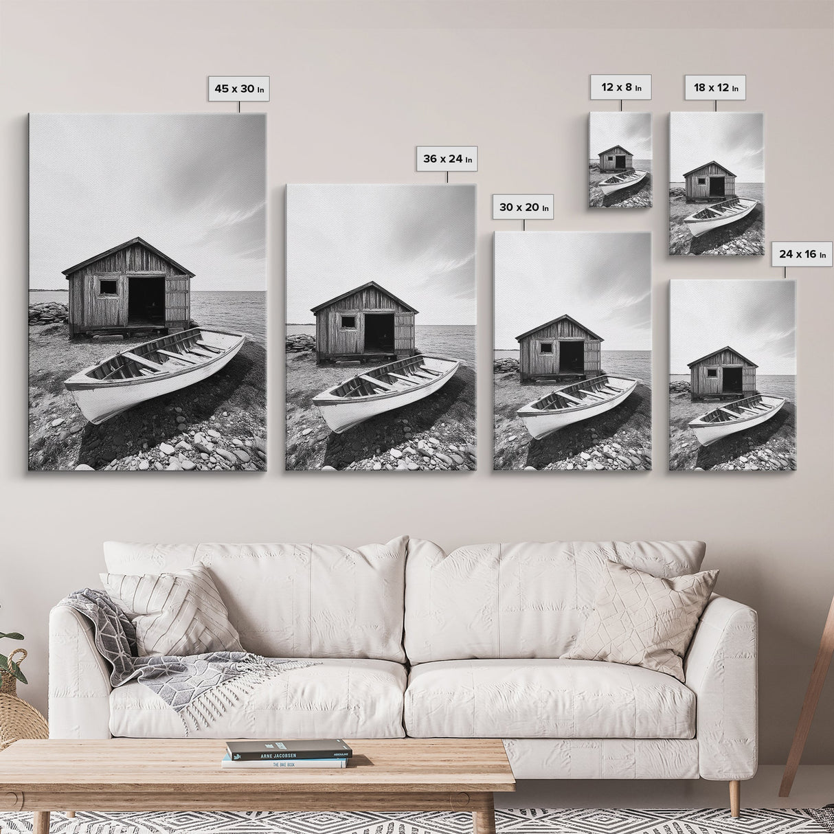 Shore Cabin, Rowboat Rest, Coastal Cabin, Serene Shoreline, Canvas Print, Lake House Wall Art, Rustic Decor, Living Room Seaside Art