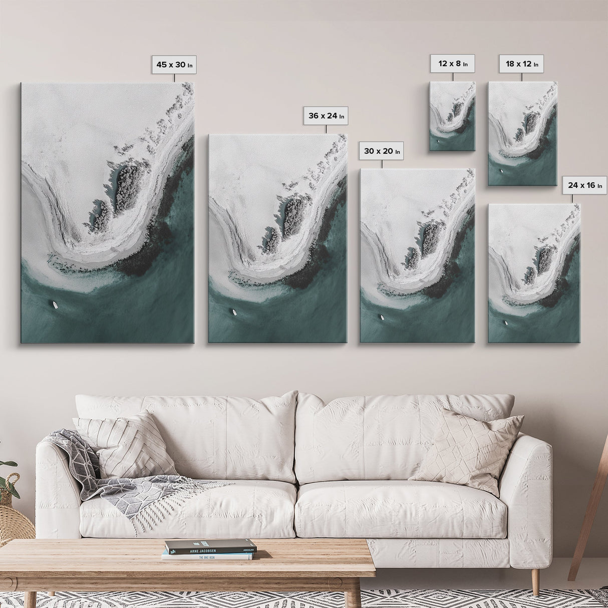 Aerial Beach, Turquoise Sea, Minimal Shoreline, Boat View, Canvas Print, coastal minimalist art, bathroom wall art, modern ocean photo