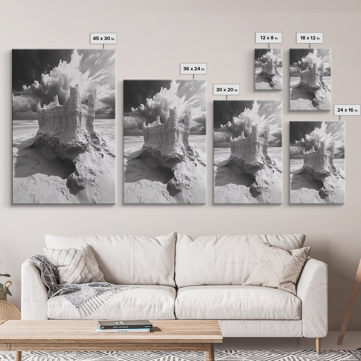 Sand Castle, Beach Fantasy, Dramatic Sky, Coastal Fortress, Framed Canvas Print, whimsical decor, kids room wall art, fairytale beach scene