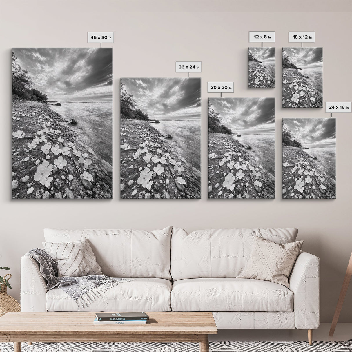 Flower Shore, Peaceful Beach, Moody Sky, Petal Scape, Framed Canvas Print, romantic beach art, bedroom decor, black and white floral print